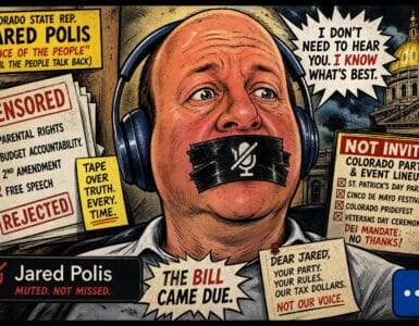 Comic illustration of Jared Polis with tape over his mouth on a Zoom screen at the Colorado Capitol