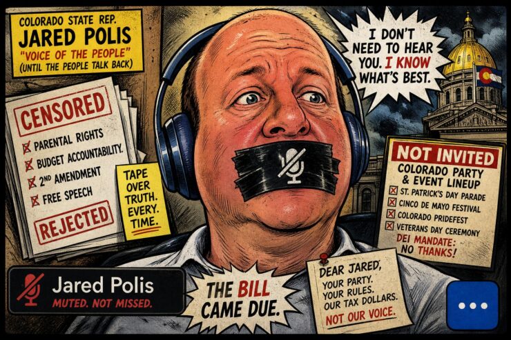 Comic illustration of Jared Polis with tape over his mouth on a Zoom screen at the Colorado Capitol