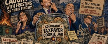 Comic illustration of Colorado Capitol figures guarding nonprofit grant money in a taxpayer cookie jar