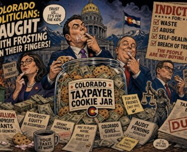 Comic illustration of Colorado Capitol figures guarding nonprofit grant money in a taxpayer cookie jar