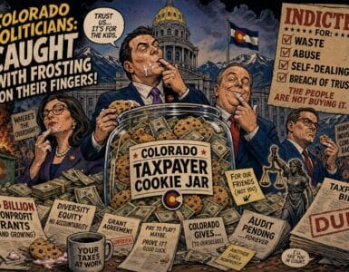 Comic illustration of Colorado Capitol figures guarding nonprofit grant money in a taxpayer cookie jar