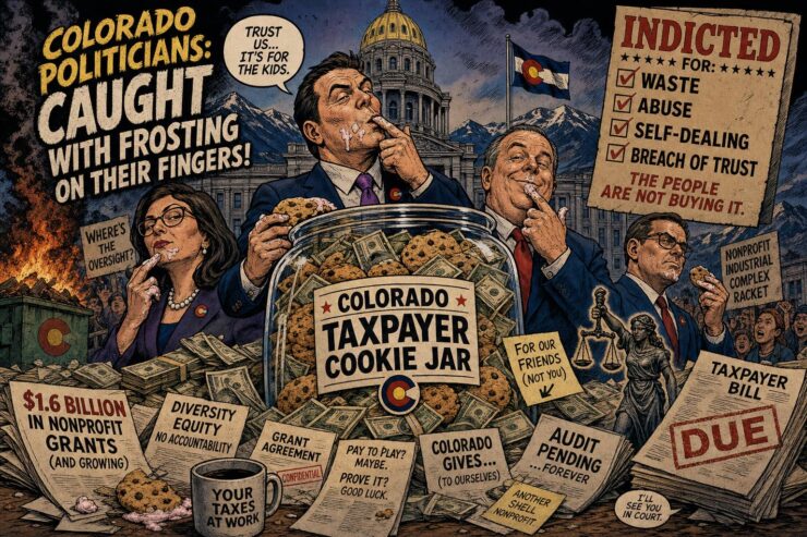 Comic illustration of Colorado Capitol figures guarding nonprofit grant money in a taxpayer cookie jar