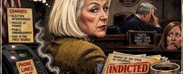 A tense Colorado courthouse scene with a worried juror, cut phone lines, and smoke near the state flag