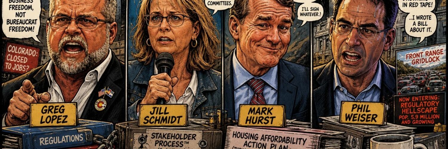 Colorado governor candidates at a forum with burning paperwork and a Front Range backdrop