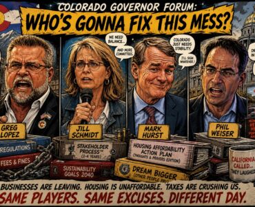 Colorado governor candidates at a forum with burning paperwork and a Front Range backdrop