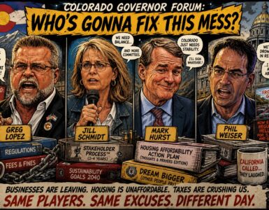 Colorado governor candidates at a forum with burning paperwork and a Front Range backdrop