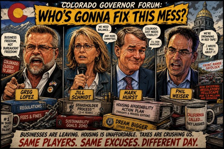 Colorado governor candidates at a forum with burning paperwork and a Front Range backdrop