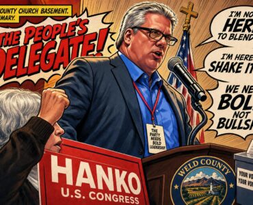 Comic scene of GOP primary ballot box guarded from unaffiliated voters in a Colorado church basement
