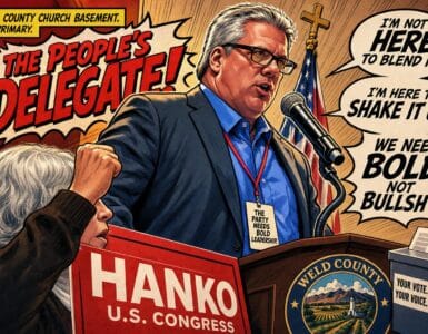 Comic scene of GOP primary ballot box guarded from unaffiliated voters in a Colorado church basement