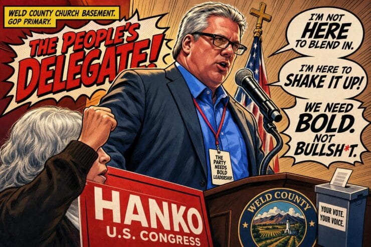 Comic scene of GOP primary ballot box guarded from unaffiliated voters in a Colorado church basement