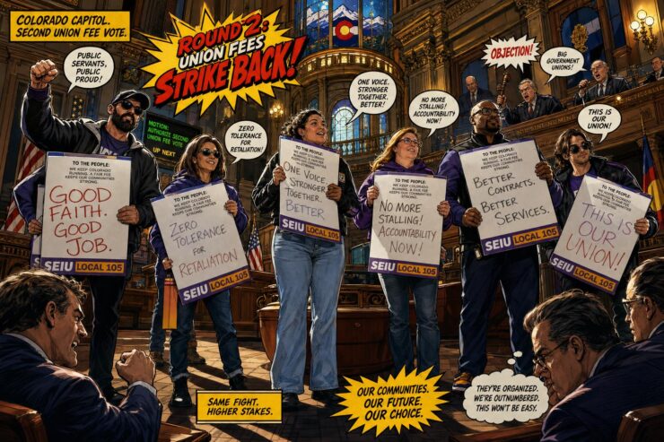 Comic-style Colorado capitol scene with lawmakers removing a second ballot box during a union fee debate