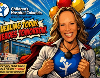Comic illustration of a teen on an e-bike near traffic outside a Colorado hospital with mountains behind.