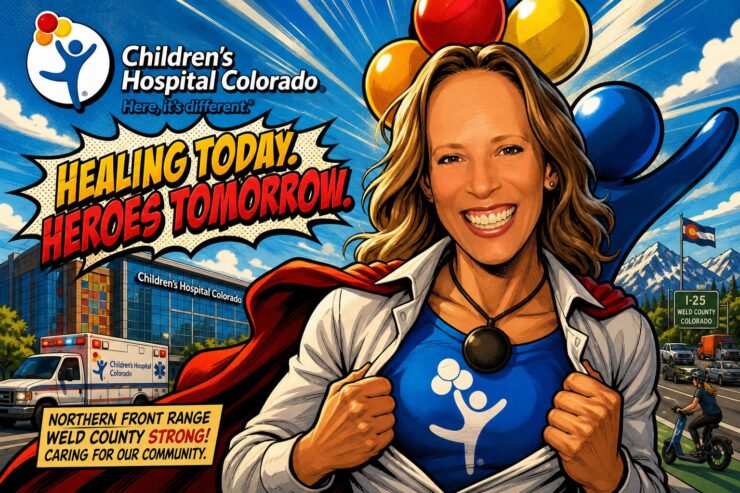Comic illustration of a teen on an e-bike near traffic outside a Colorado hospital with mountains behind.