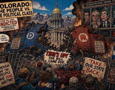 Rusty Democratic and Republican machines cracking near the Colorado Capitol as voters push through a broken fence