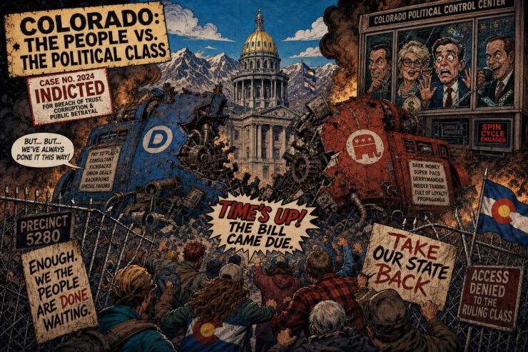 Rusty Democratic and Republican machines cracking near the Colorado Capitol as voters push through a broken fence