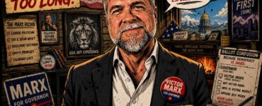 Victor Marx GOP nominee holding a butter knife near the Colorado Capitol with campaign chaos behind him