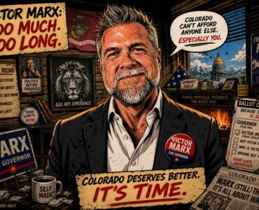 Victor Marx GOP nominee holding a butter knife near the Colorado Capitol with campaign chaos behind him