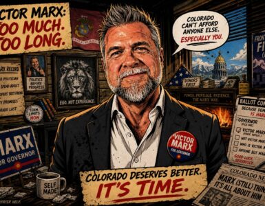 Victor Marx GOP nominee holding a butter knife near the Colorado Capitol with campaign chaos behind him