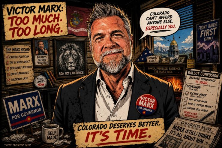 Victor Marx GOP nominee holding a butter knife near the Colorado Capitol with campaign chaos behind him