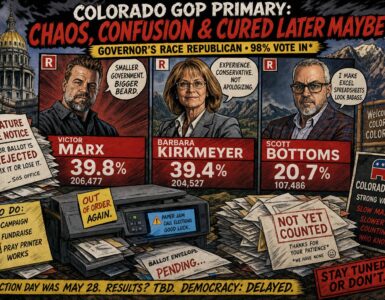 Comic-style Colorado election desk with ballot envelopes, campaign signs, and a jammed printer near the Capitol.