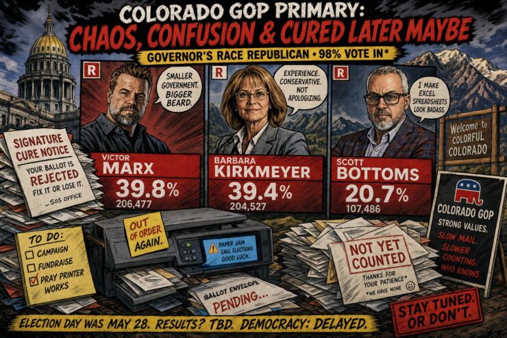 Comic-style Colorado election desk with ballot envelopes, campaign signs, and a jammed printer near the Capitol.